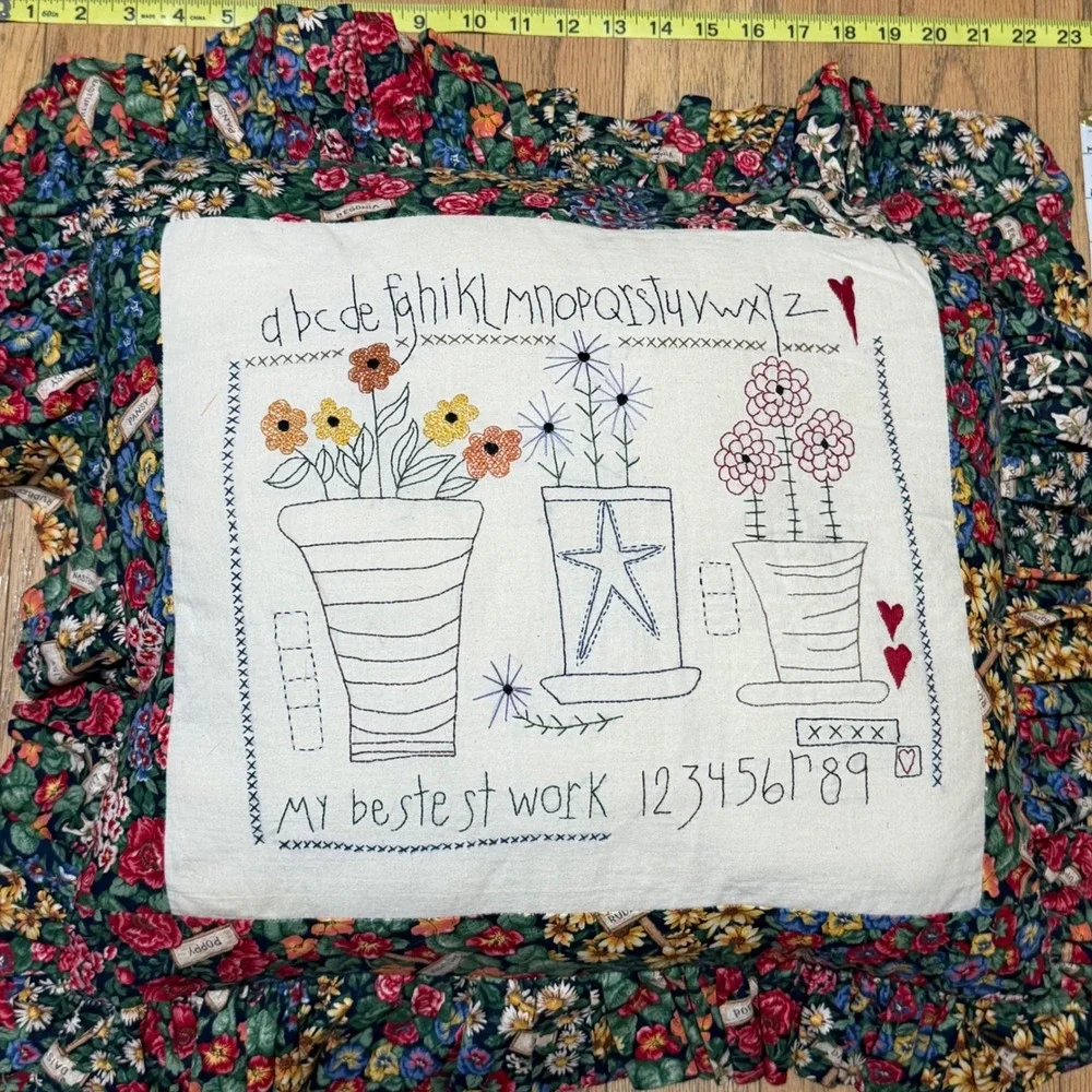 Vintage Hand Embroidered Alphabet Sampler Floral Chintz Ruffle Pillow 20x20